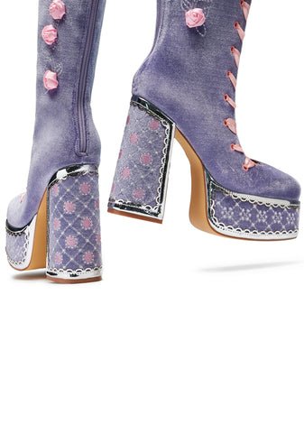 Guiltless Ghost Lace Up Platform Long Boots - Lilac