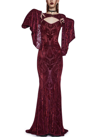 Druid’s Wife Maxi Dress And Shrug Set - Dark Red