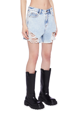 High Rise Distressed Denim Shorts - Light Blue