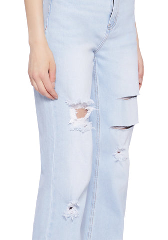 Distressed High Rise Straight Denim Jeans -  Light Blue