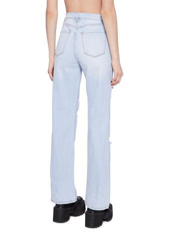 Distressed High Rise Straight Denim Jeans -  Light Blue