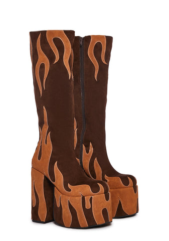 Up In Flames Platform Boots - Brown