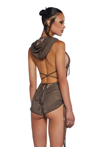 Downbeat Hooded Romper - Brown