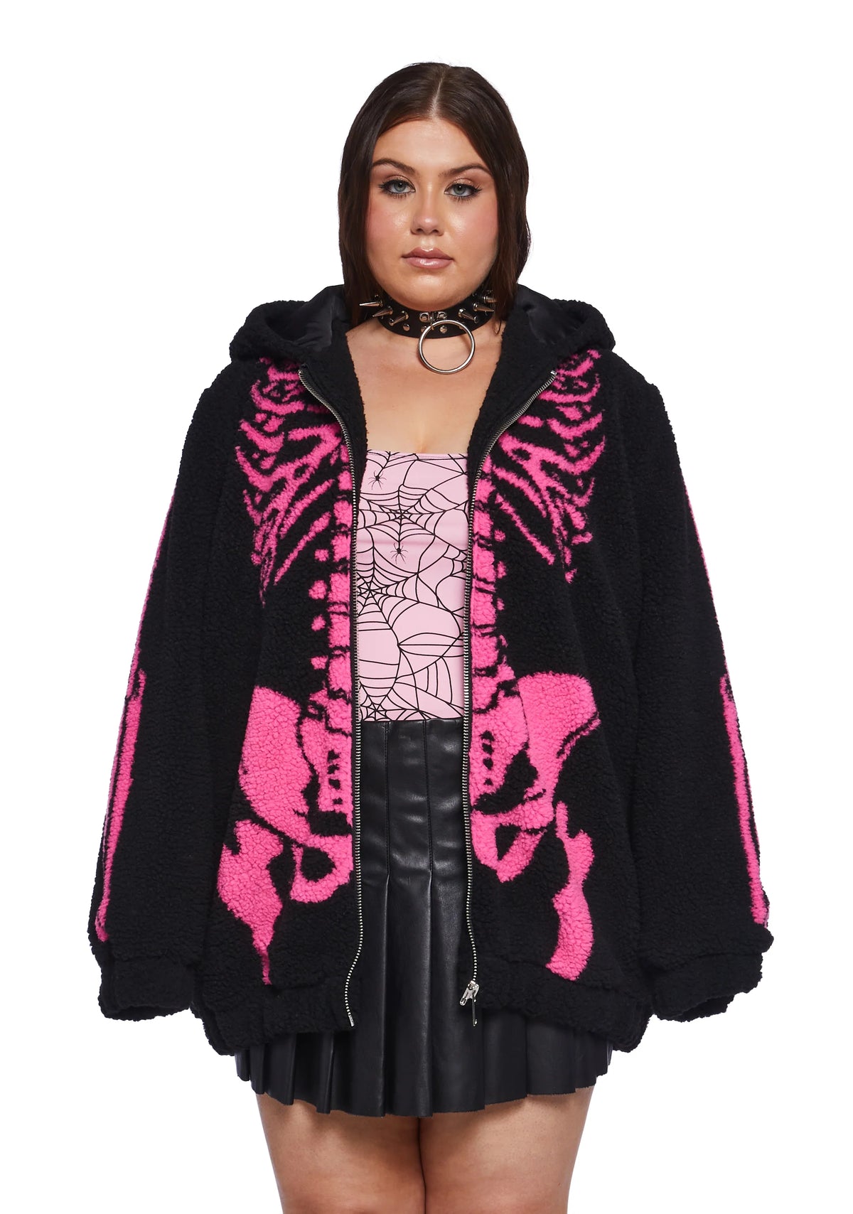 Plus Baring It All Skeleton Hooded Sherpa Jacket - Pink