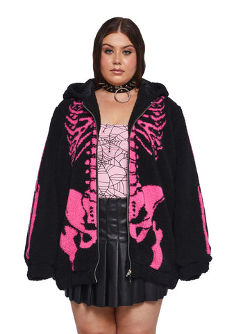 Plus Baring It All Skeleton Hooded Sherpa Jacket - Pink