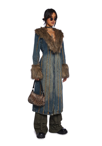 Off Beat Charm Denim Maxi Coat - Dark Blue