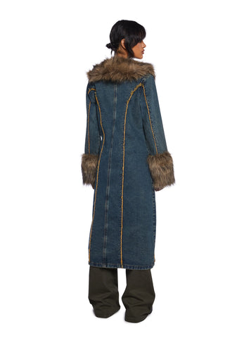 Off Beat Charm Denim Maxi Coat - Dark Blue