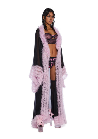 Delightfully Demure Sheer Robe - Black/Pink