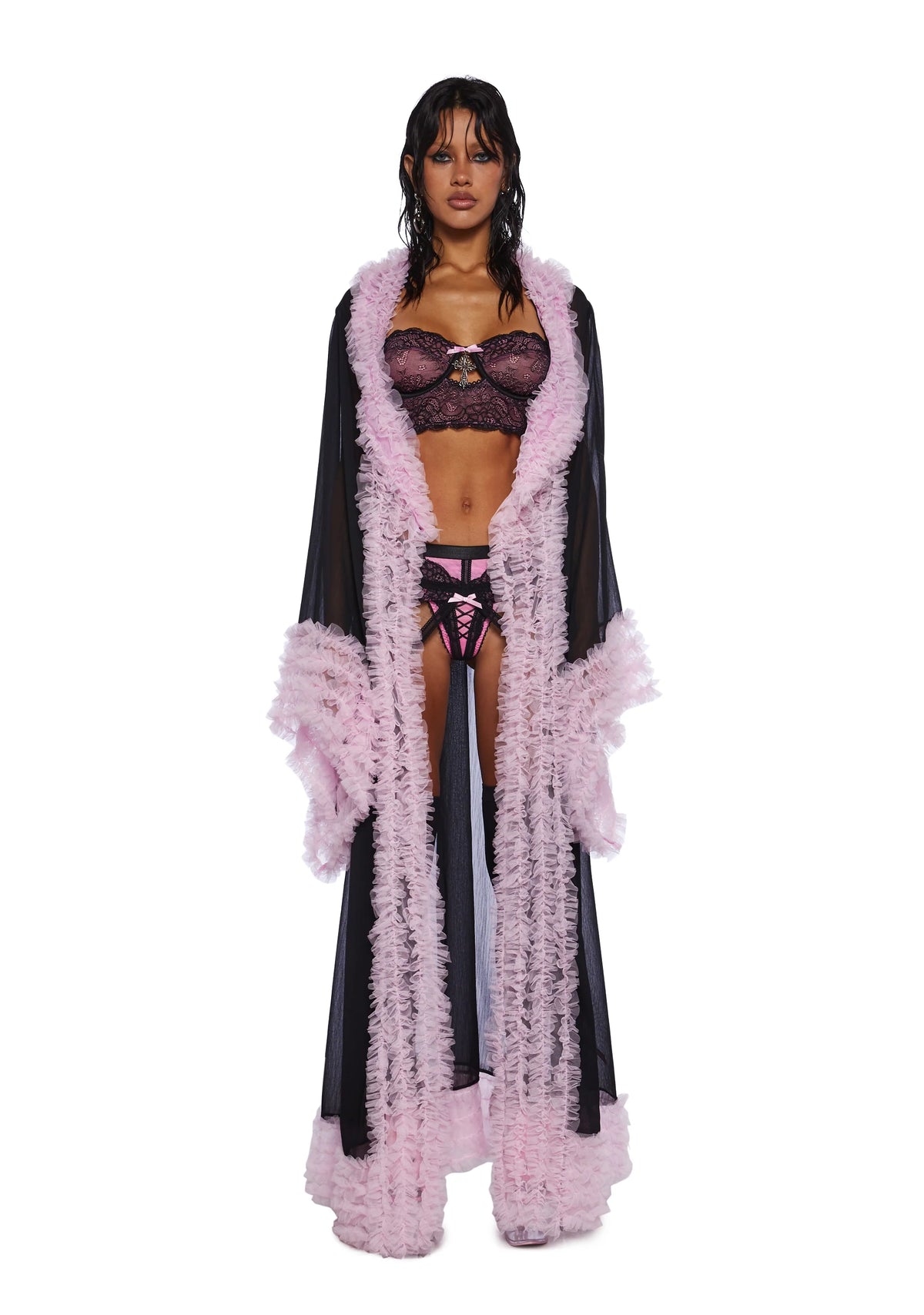 Delightfully Demure Sheer Robe - Black/Pink