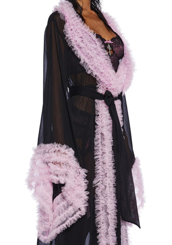 Delightfully Demure Sheer Robe - Black/Pink