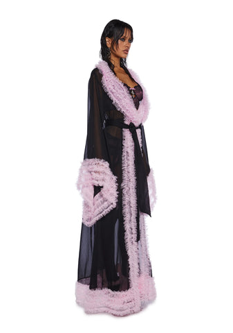 Delightfully Demure Sheer Robe - Black/Pink