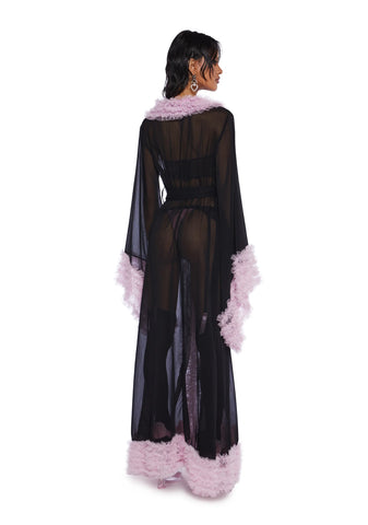 Delightfully Demure Sheer Robe - Black/Pink
