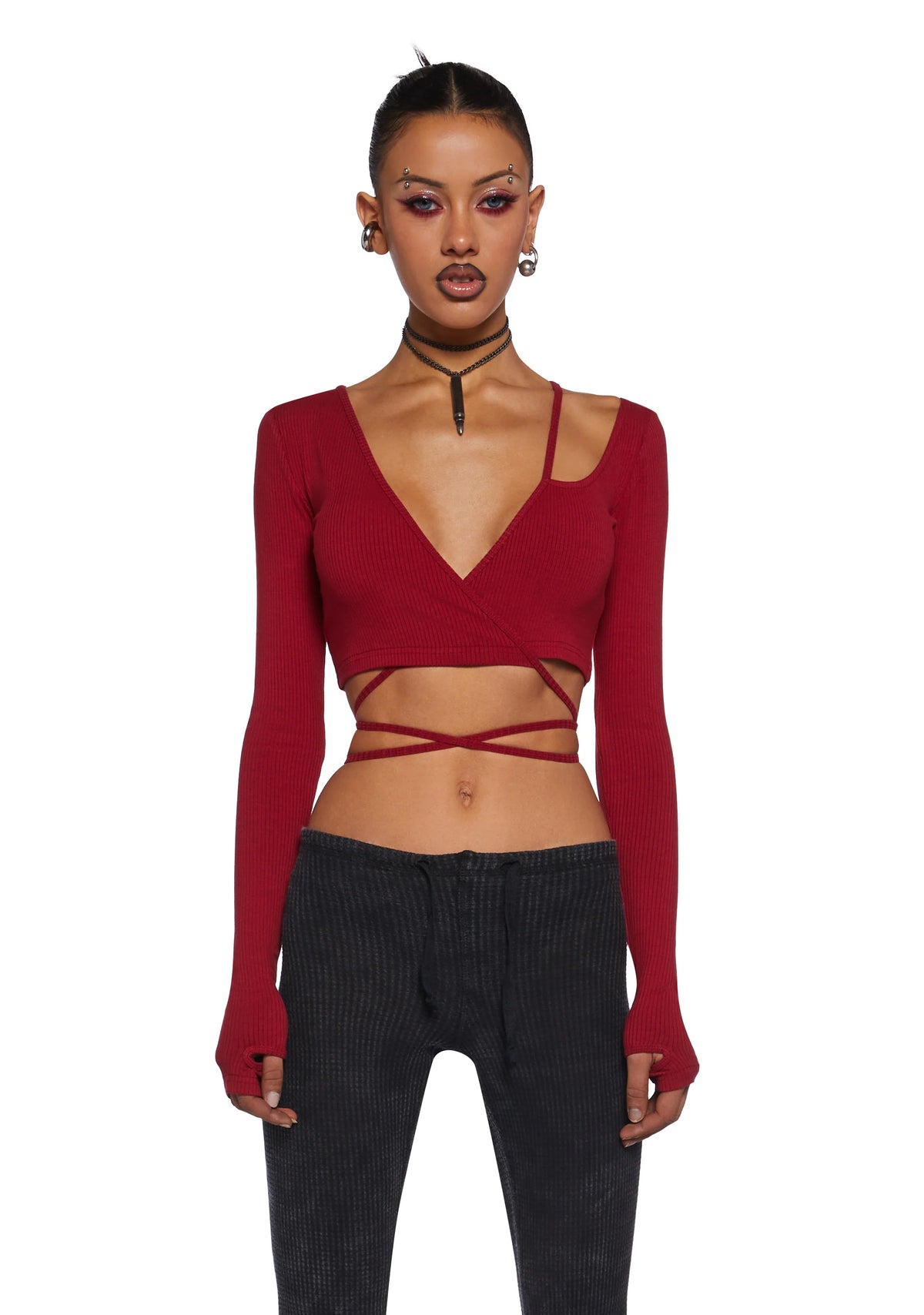 Fader Ribbed Wrap Top - Red