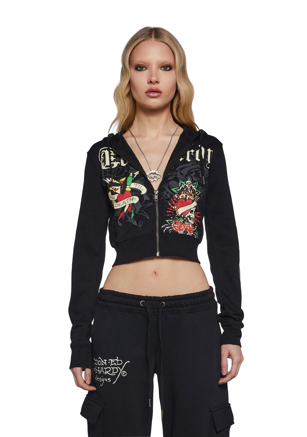 Rose Skull Crop Zip Hoodie