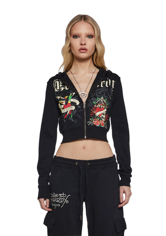 Rose Skull Crop Zip Hoodie