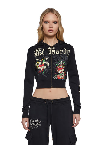 Rose Skull Crop Zip Hoodie