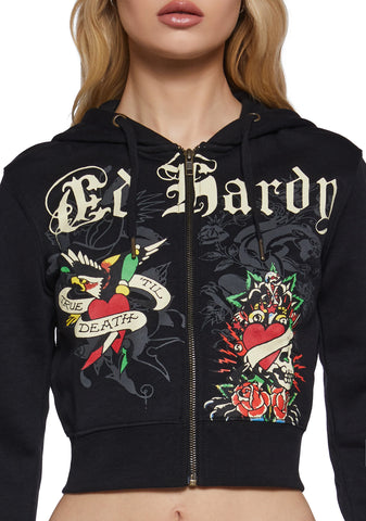 Rose Skull Crop Zip Hoodie