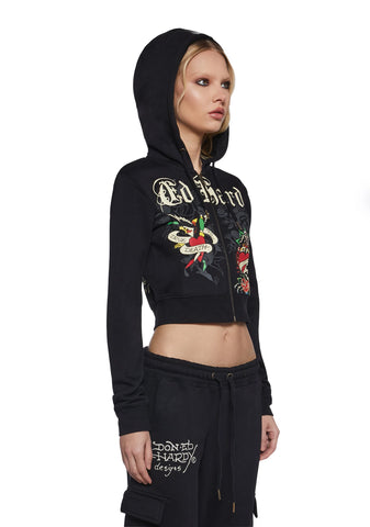 Rose Skull Crop Zip Hoodie