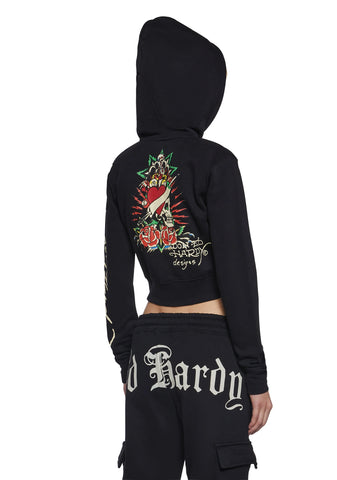 Rose Skull Crop Zip Hoodie
