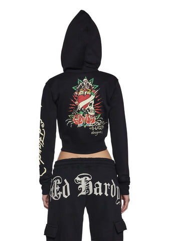 Rose Skull Crop Zip Hoodie