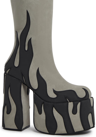 Up In Flames Platform Boots - Gray
