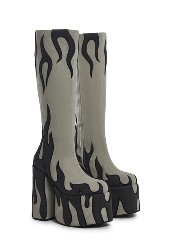 Up In Flames Platform Boots - Gray