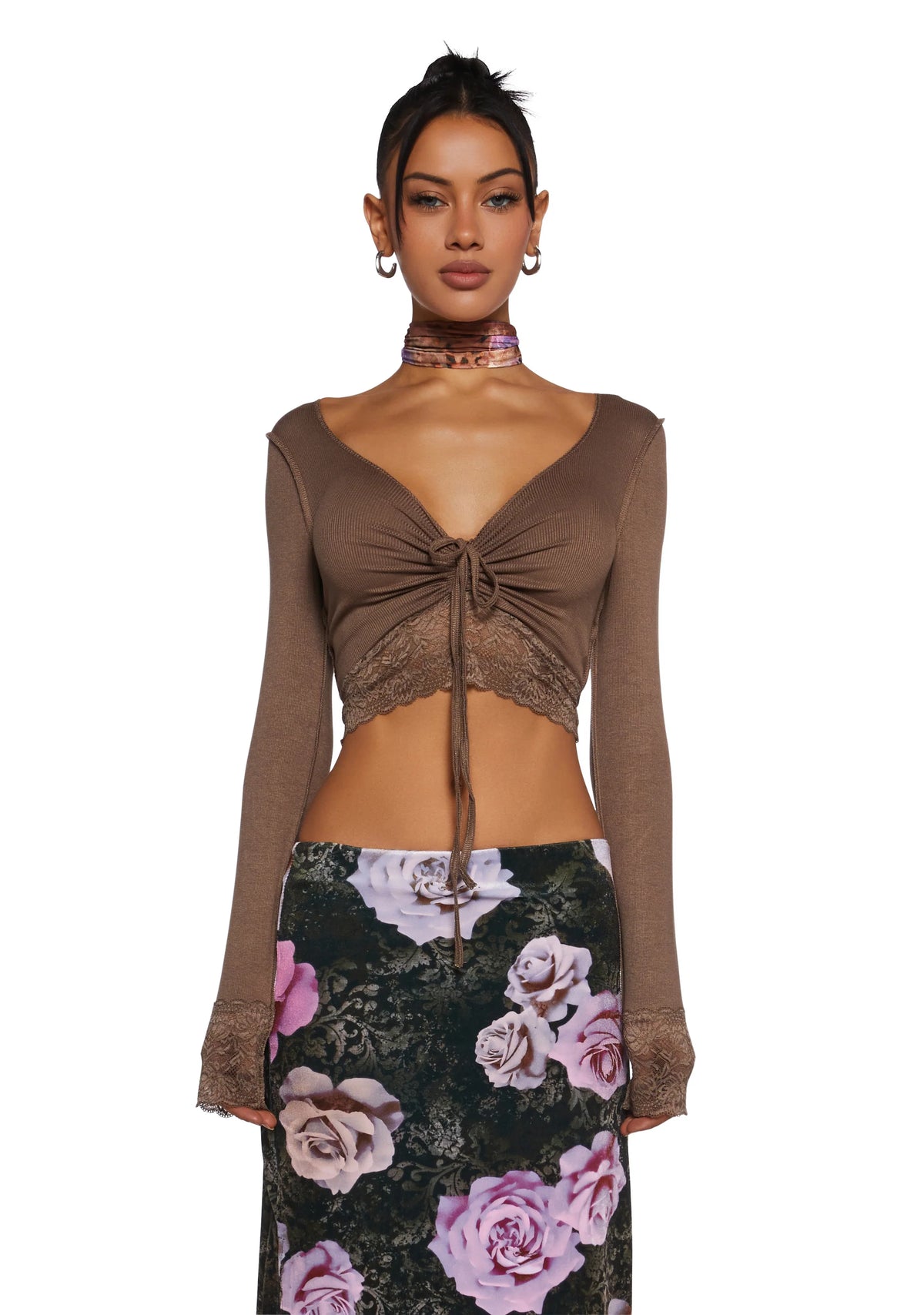 Snap Back Long Sleeve Top - Brown