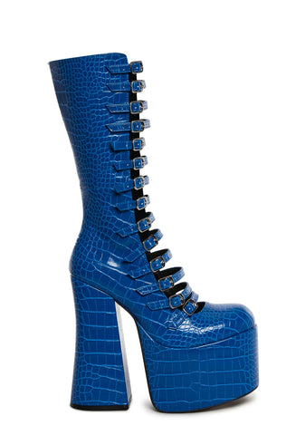 Hardcore Dazzle Platform Boots - Blue Croc