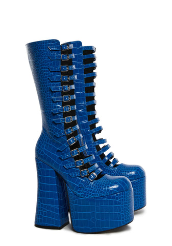 Hardcore Dazzle Platform Boots - Blue Croc