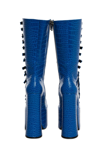 Hardcore Dazzle Platform Boots - Blue Croc