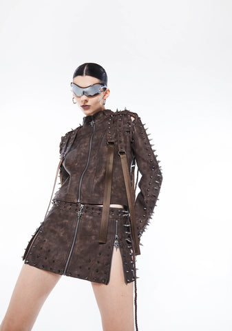 Warp Spiked Mini Skirt With Zippers - Brown