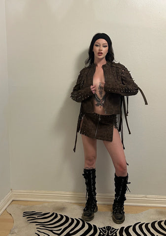 Warp Spiked Mini Skirt With Zippers - Brown