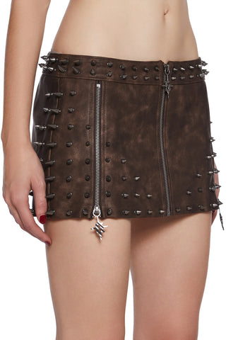 Warp Spiked Mini Skirt With Zippers - Brown