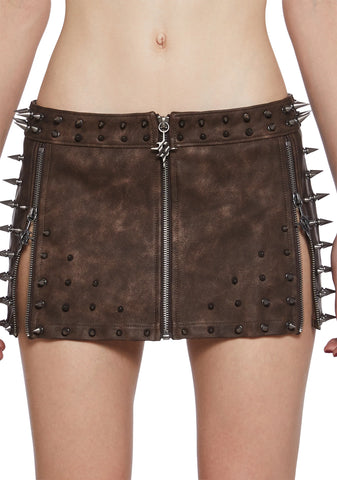Warp Spiked Mini Skirt With Zippers - Brown