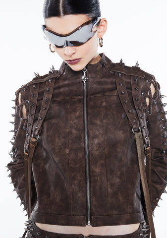Warp Spiked Jacket With Lace Up Sleeves  - Brown