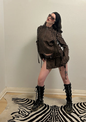 Warp Spiked Jacket With Lace Up Sleeves  - Brown