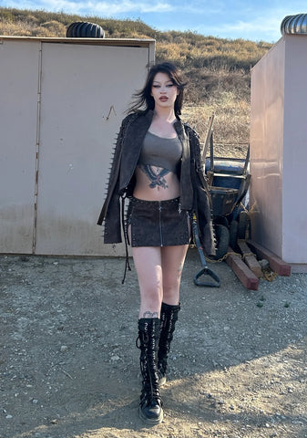 Warp Spiked Jacket With Lace Up Sleeves  - Brown