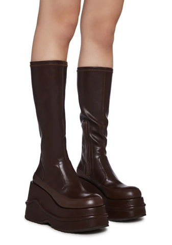 New Fans Wedge Stretch Boots - Brown