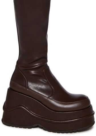 New Fans Wedge Stretch Boots - Brown