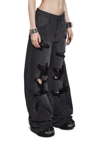 Sinful Attitude Wide Leg Jeans - Distressed Grey