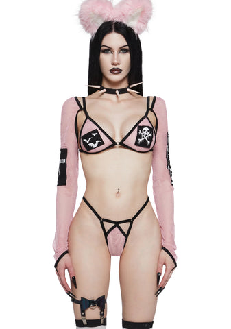 Can't Sleep Tonight Fishnet Lingerie Set - Pink