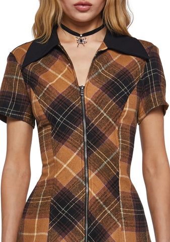All Hail Me Plaid Mini Dress - Brown