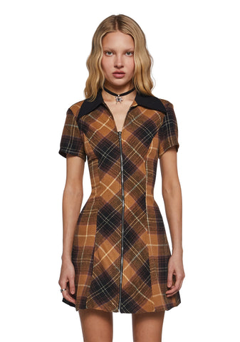 All Hail Me Plaid Mini Dress - Brown