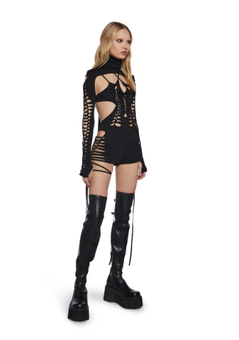 Chord Shredded Romper With Shrug - Black