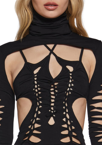 Chord Shredded Romper With Shrug - Black