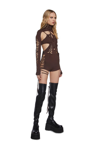 Chord Shredded Romper With Shrug - Brown