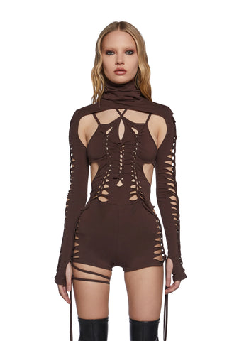 Chord Shredded Romper With Shrug - Brown