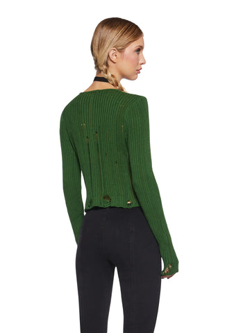 Somewhere Now Distressed Cardigan - Green