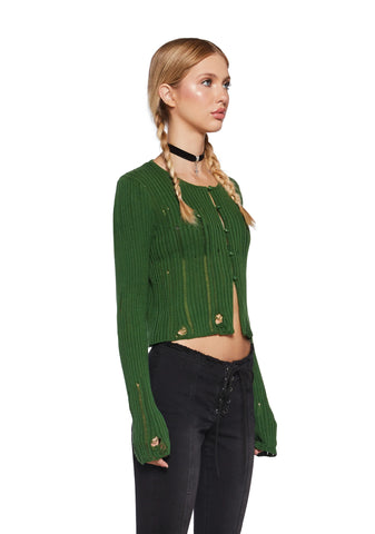 Somewhere Now Distressed Cardigan - Green