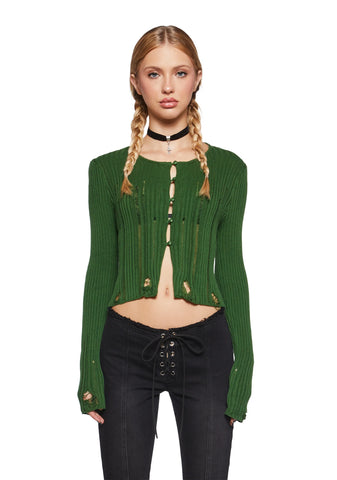 Somewhere Now Distressed Cardigan - Green